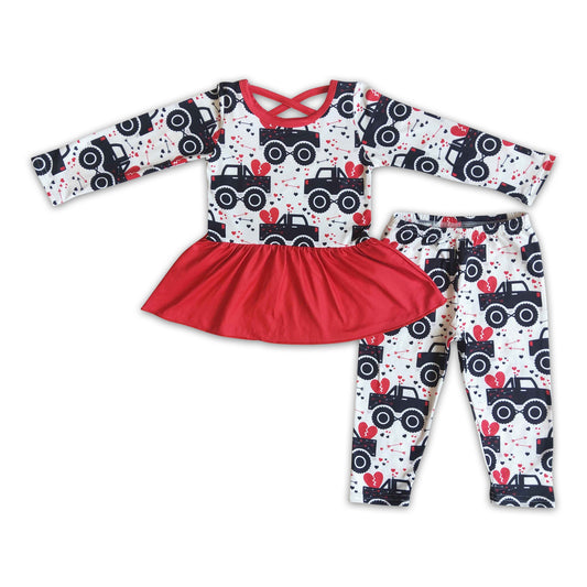 Tractor heart print peplum leggings girls valentine's clothing set