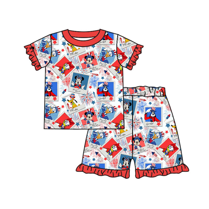 MOQ 3 short sleeves mouse duck girls 4th of july pajamas
