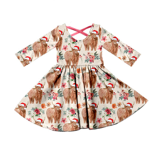 MOQ  5 highland cow Christmas hat kids girls dress