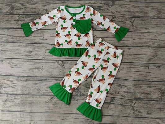 MOQ 3 pcs green pocket duck kids girls pajamas