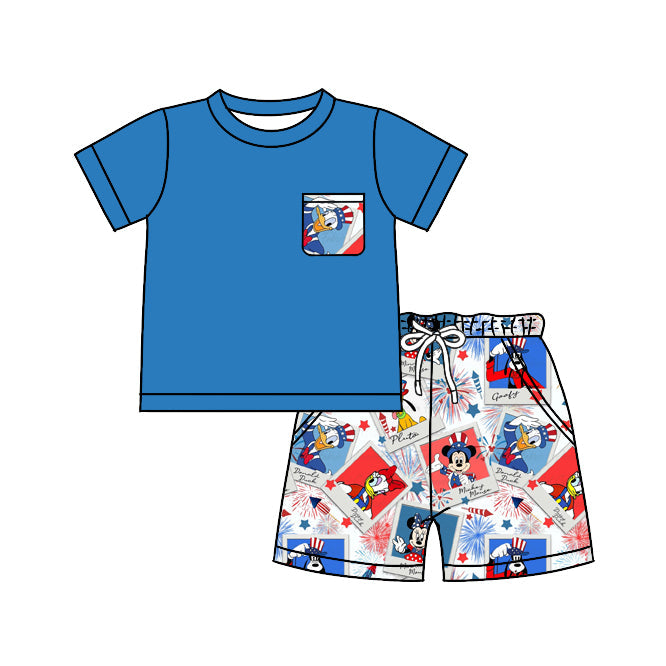 MOQ 3 blue pocket duck mouse shorts boys 4th of july clothes