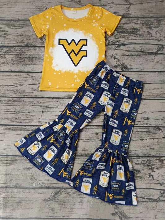 MOQ 3 pcs W V yellow top pants kids girls team outfits