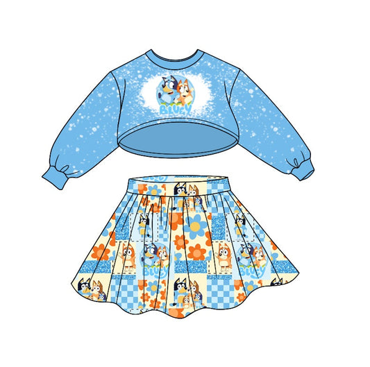 MOQ 5 blue dog bleached top patchwork skirt girls team clothes