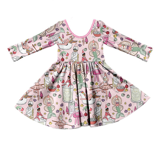 MOQ  5 pink green face fish kids girls Christmas dress