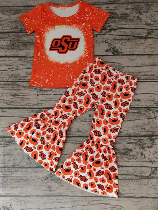 MOQ 3 pcs Orange bleached top leopard pants girls team clothes