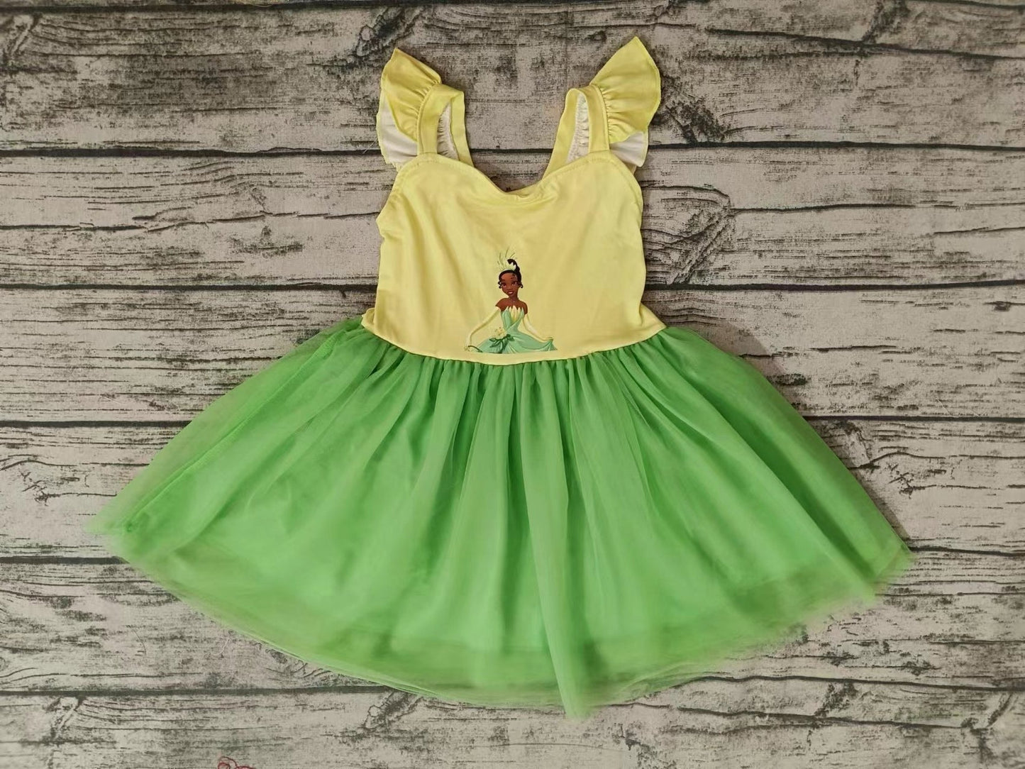 MOQ 5 flutter sleeves yellow green princess girls tulle dress