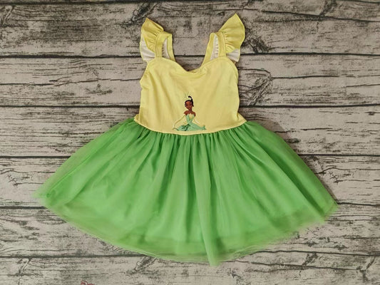 MOQ 5 flutter sleeves yellow green princess girls tulle dress