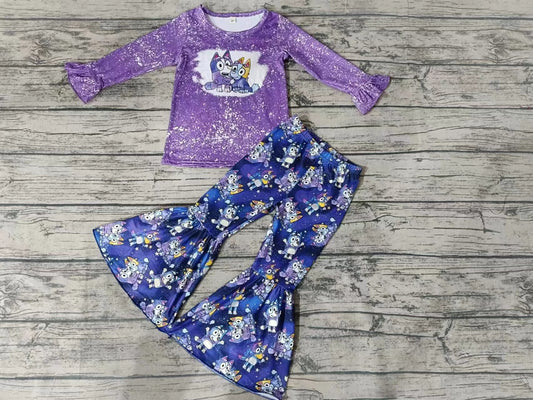 MOQ 3 pcs purple bleached dogs top pants girls clothes