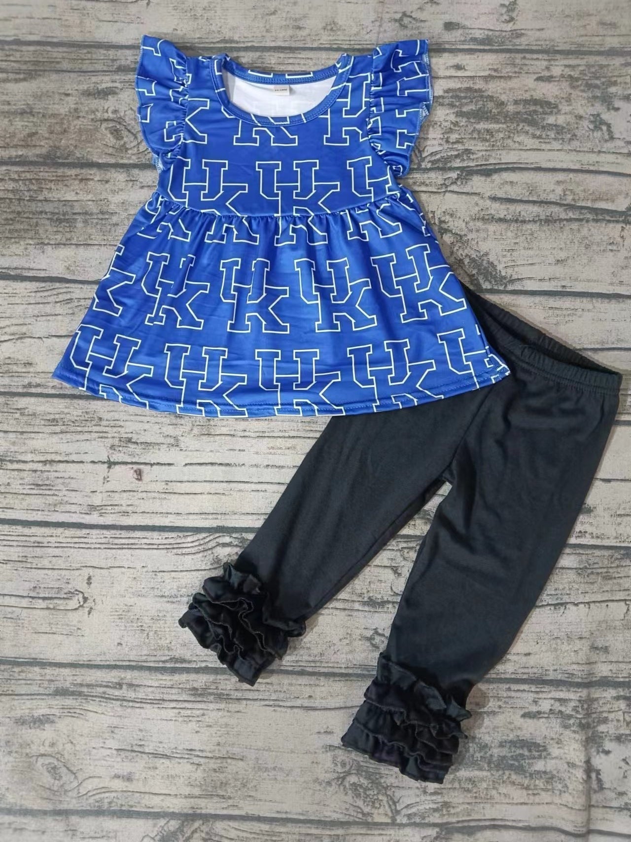 MOQ 3 pcs U K flutter sleeves top black leggings girls team clothes