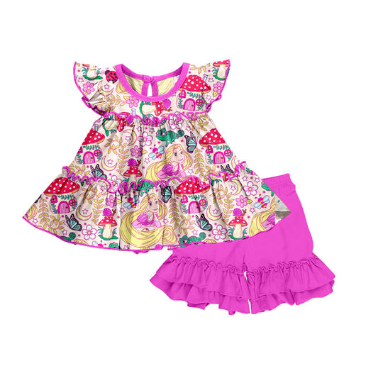 MOQ 3 mushroom princess top ruffle shorts girls clothes