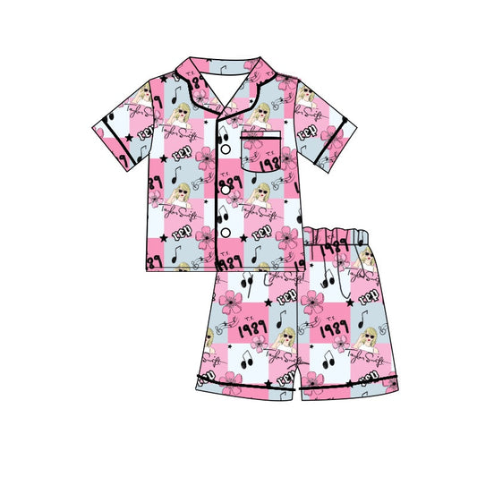 MOQ 3 plaid flower music singer girls summer pajamas