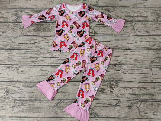 MOQ 3 pcs pink ruffle long sleeves baby girls princess pajamas