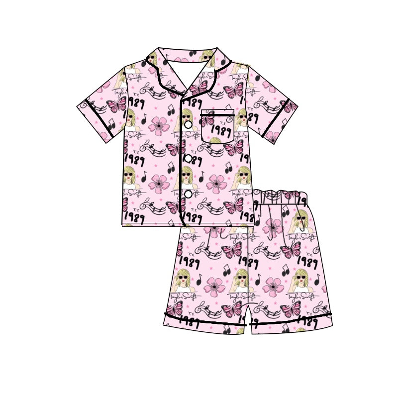 MOQ 3 pink butterfly flower music singer girls summer pajamas