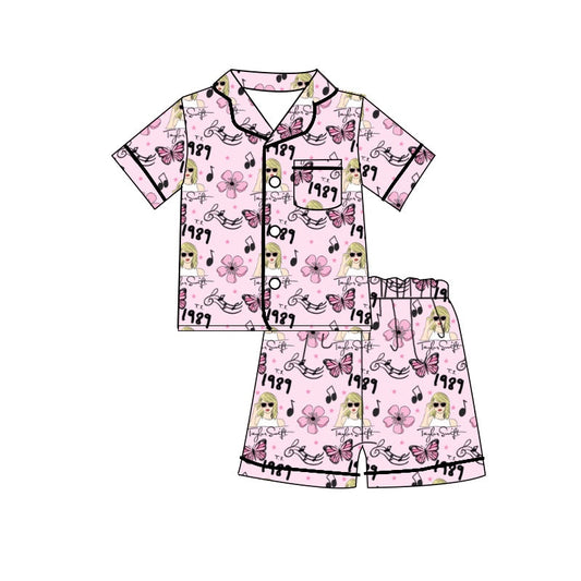MOQ 3 pink butterfly flower music singer girls summer pajamas