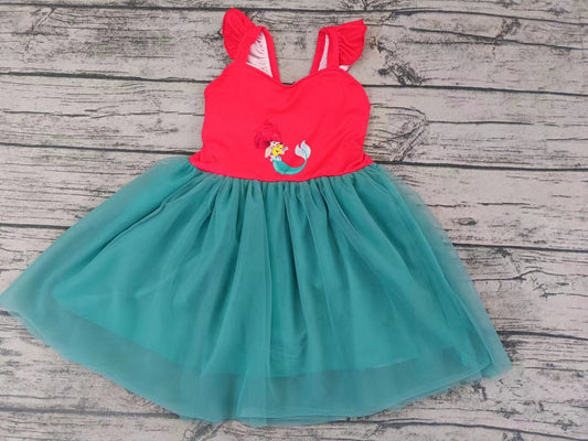 MOQ 5 Flutter sleeves red green fish princess girls tulle dress