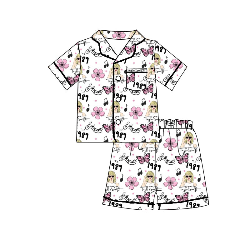MOQ 3 white butterfly flower music singer girls summer pajamas