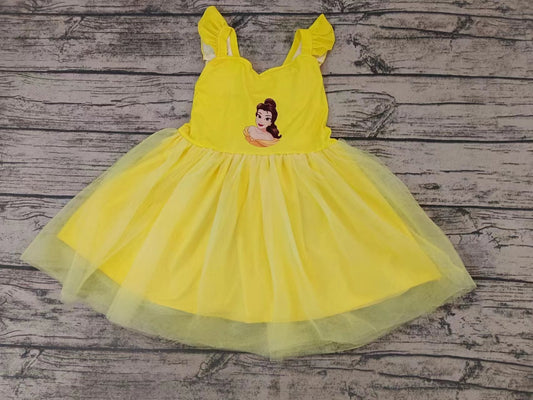 MOQ 5 Flutter sleeves yellow rose princess girls tulle dress