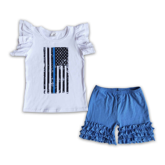 White ruffle sleeve flag shirt blue icing ruffle shorts girls police support clothing