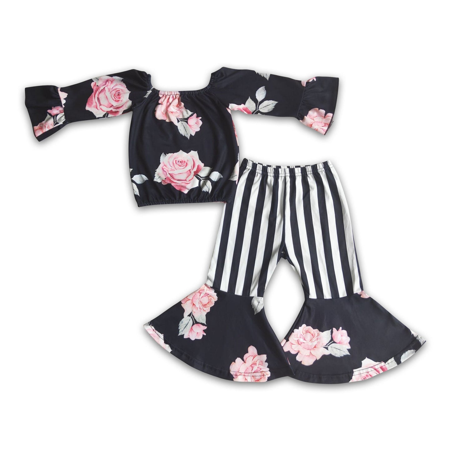 Black floral top match bell bottom pants kids clothes