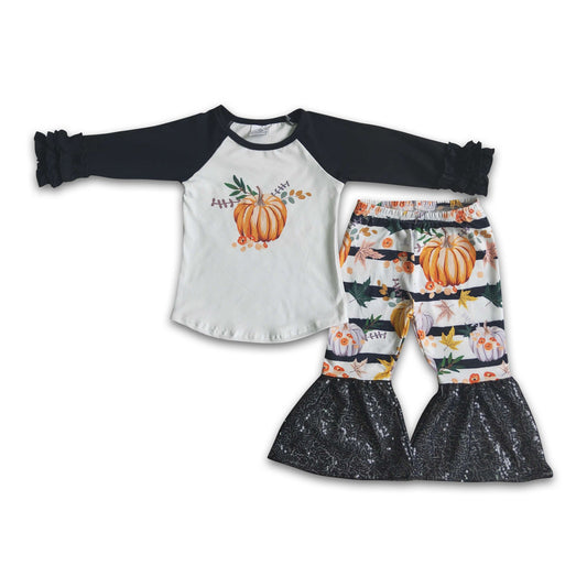 Pumpkin print sequin bell bottom pants girls fall clothing