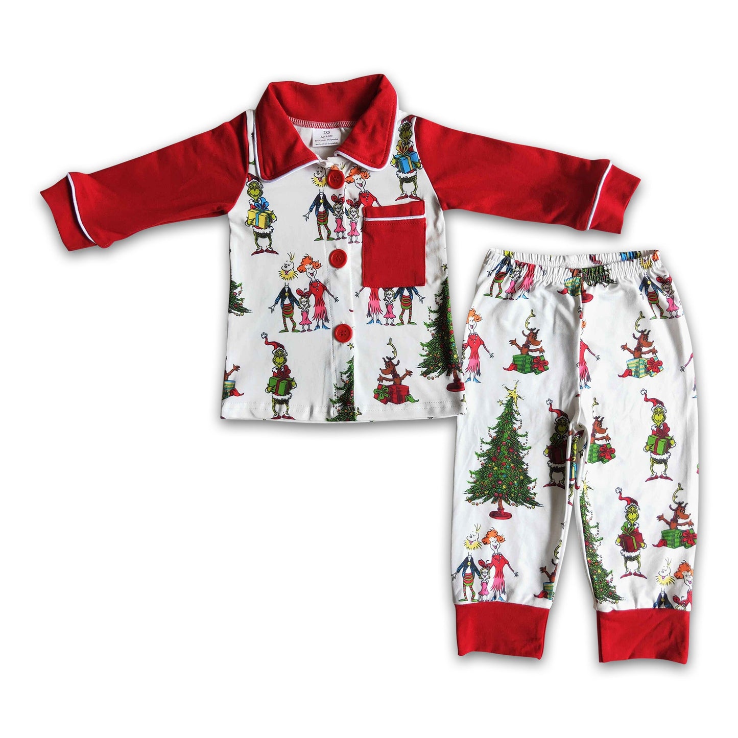 Cute green face print pocket boy Christms pjs