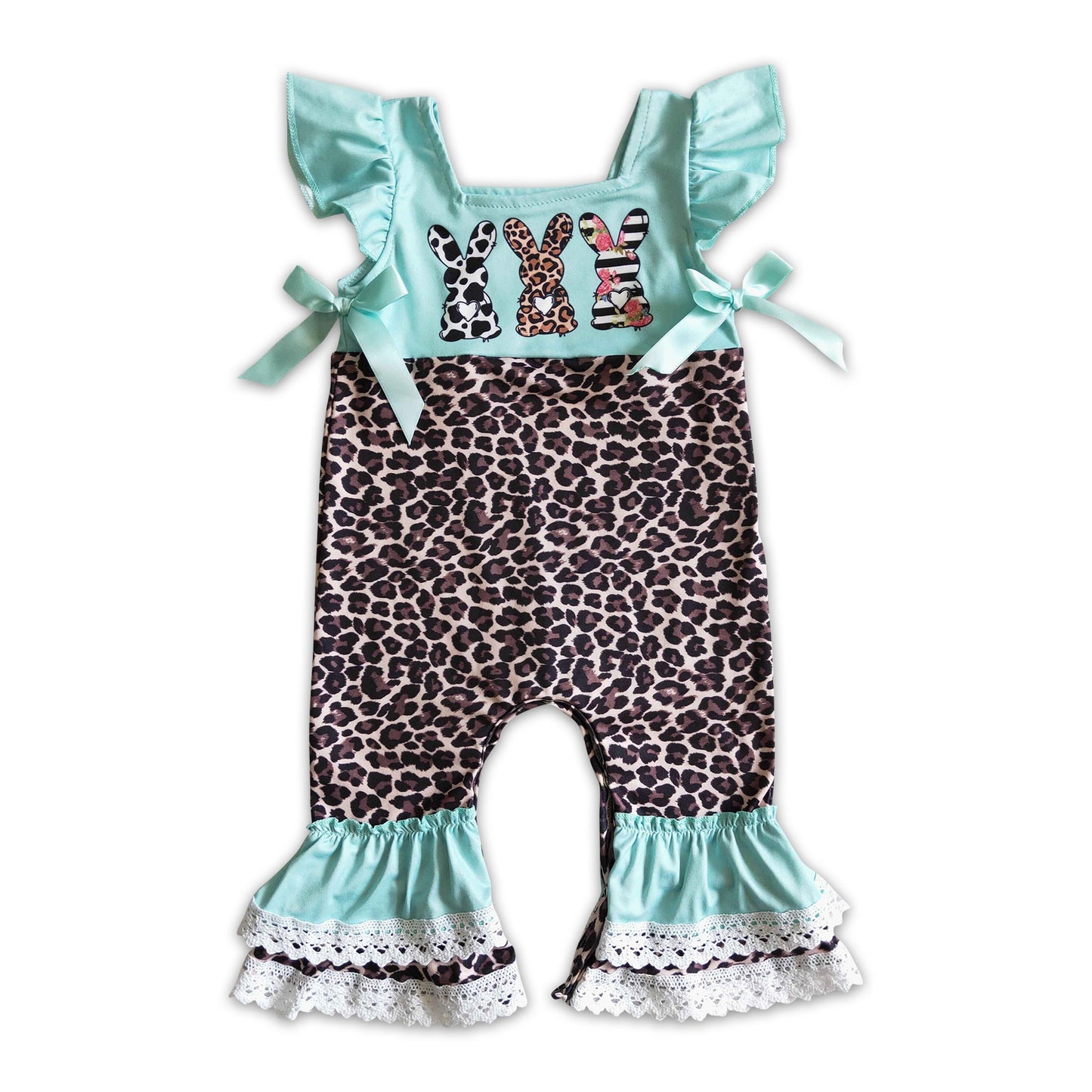 Bunny print mint leopard baby easter romper