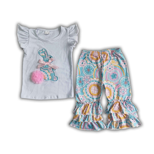 Bunny embroidery paisley ruffle capris kids girls easter clothes