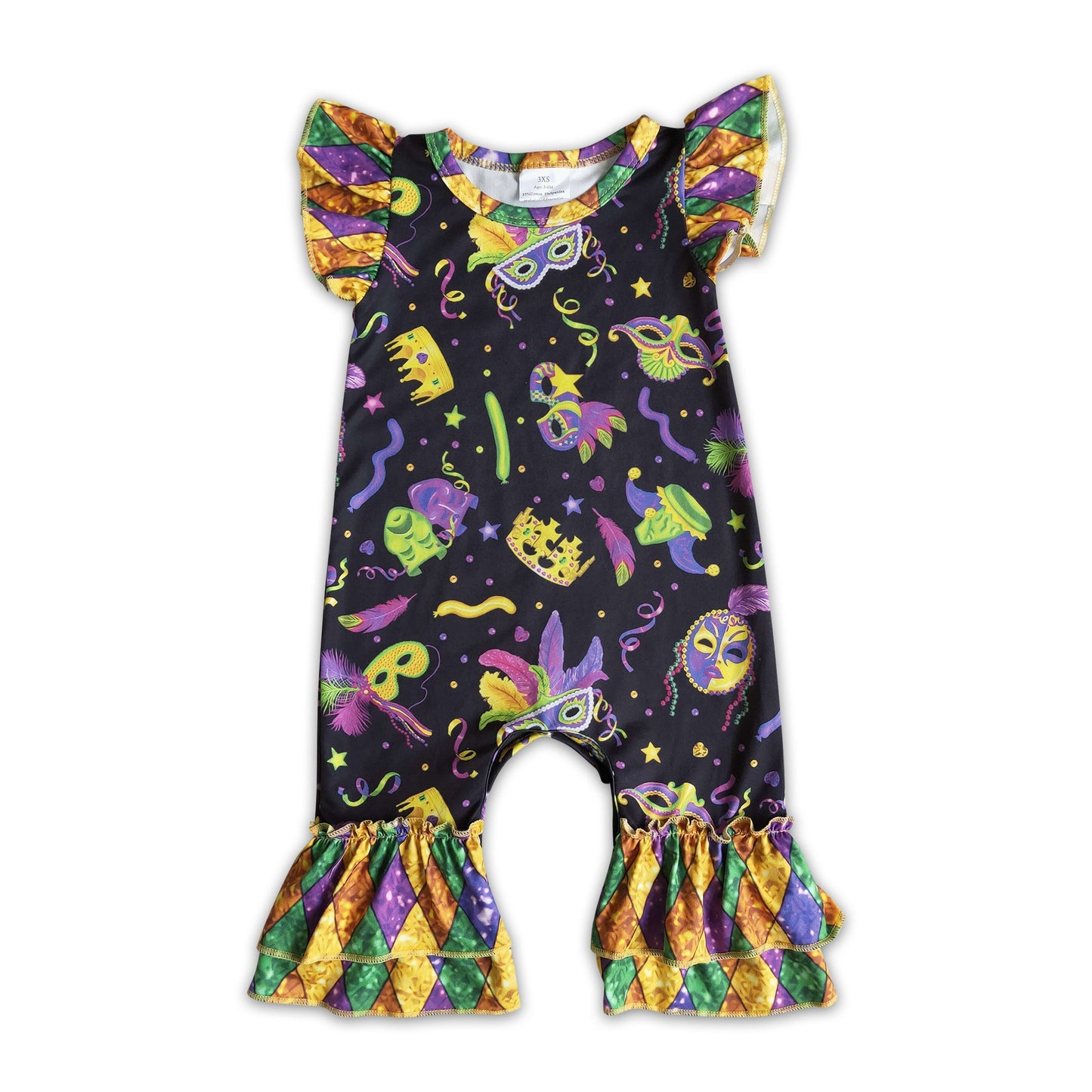 Flutter sleeve ruffle baby girls mardi gras romper