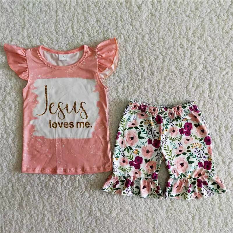 Jesus loves me shirt floral shorts girls clothing set