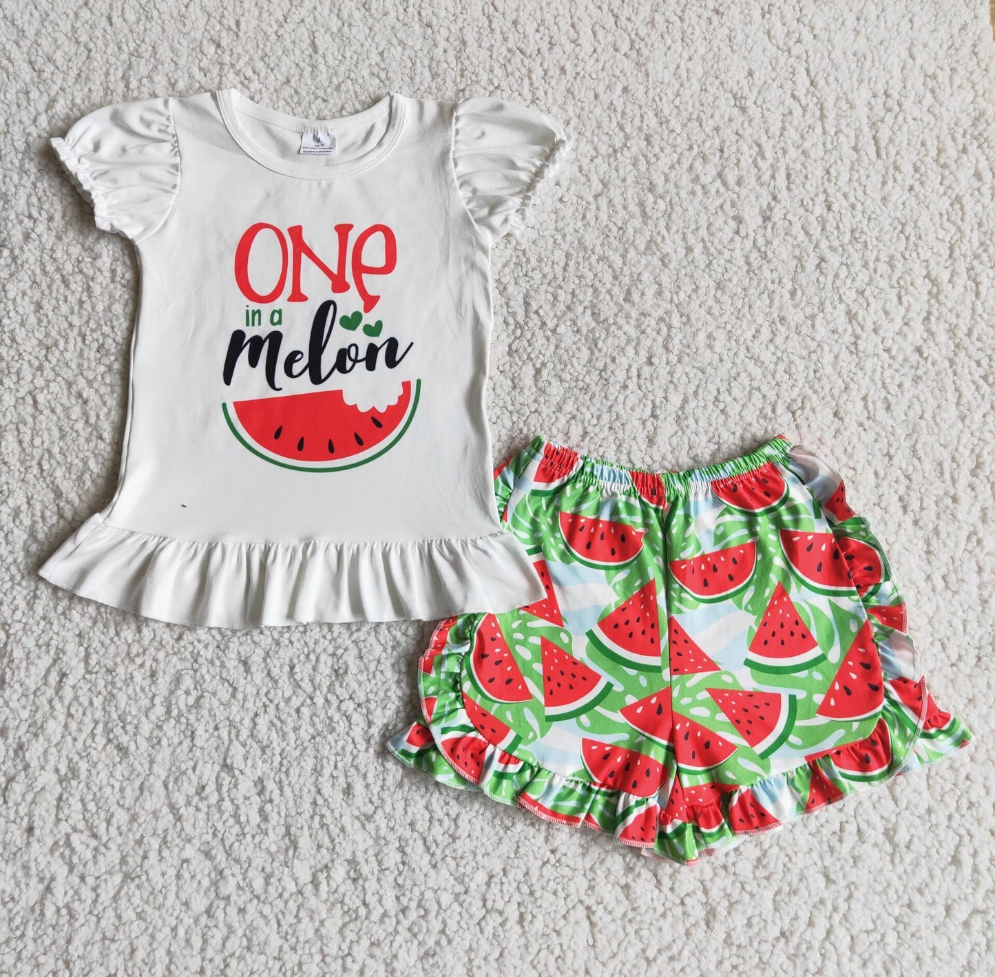 One in a melon white shirt watermelon shorts kids clothing girls