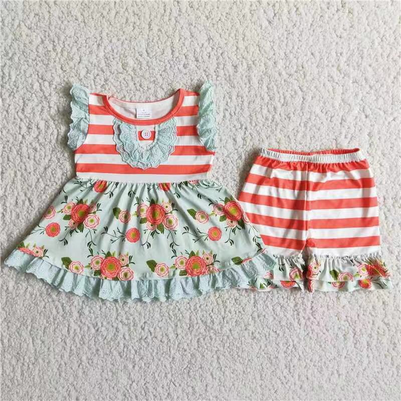 Stripe floral tunic ruffle shorts girls clothing set