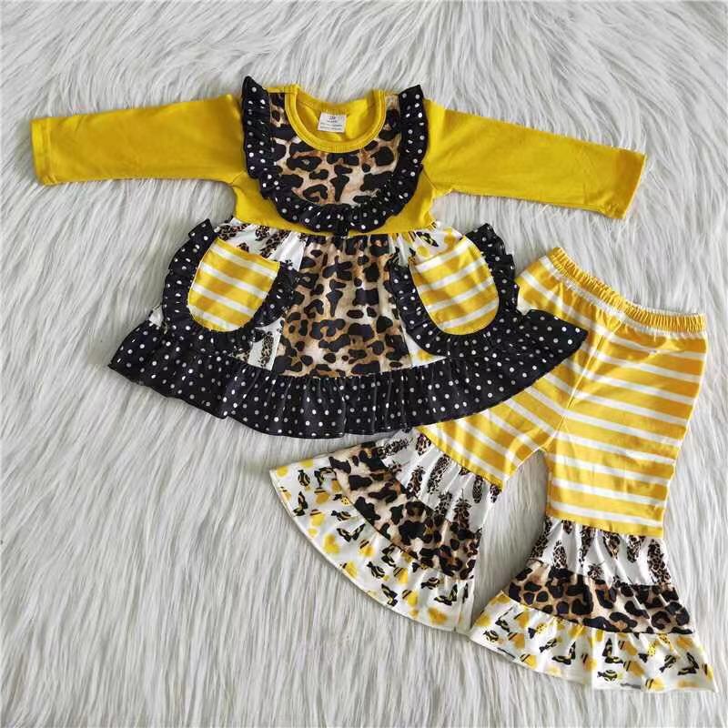 Yellow leopard pockets patchwork kids clothing set