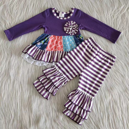 Purple patchwork tunic match ruffle pants boutique girl clothing