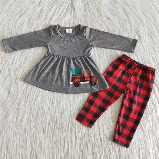 Truck vinyl grey tunic buffalo leggings kids Christmas set