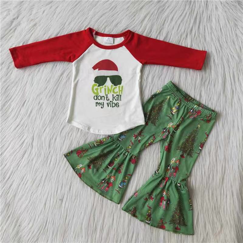 Cute green face print children girls Christmas clothing