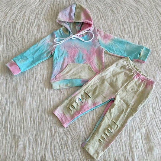 Blue green tie dye thick girls hoodie set