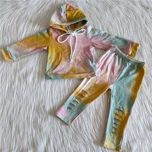 Yellow pink blue tie dye thick girls hoodie set