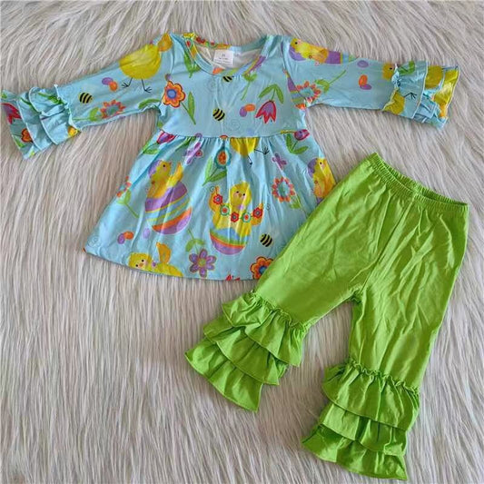 Chicken print tunic ruffle pants girls clothing set