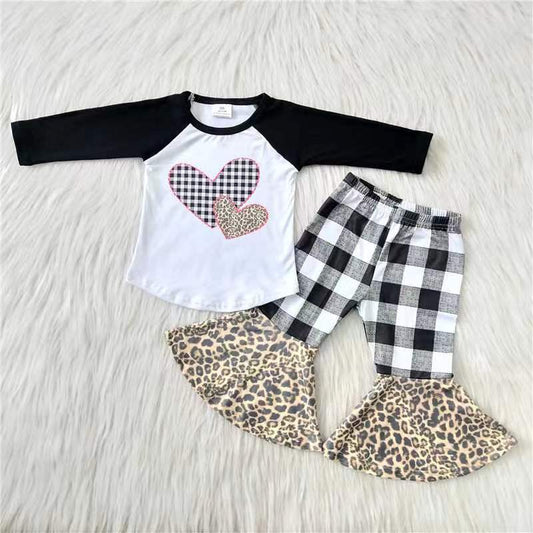 Heart print black sleeve plaid bell bottom pants little girls valentine's clothing