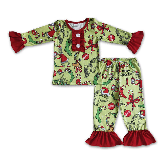 Green face merry Christmas kids girls pajamas