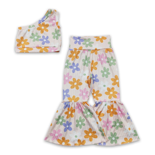 One shoulder top floral pants ribbed kids girls clothing set