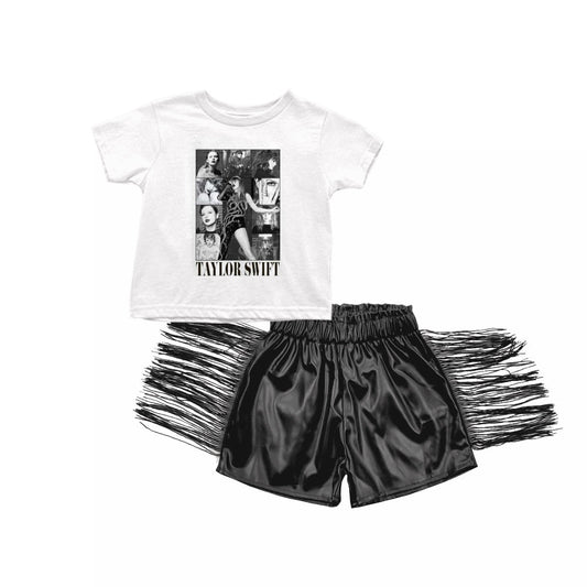MOQ 3 White top black tassels leather shorts singer girls clothes