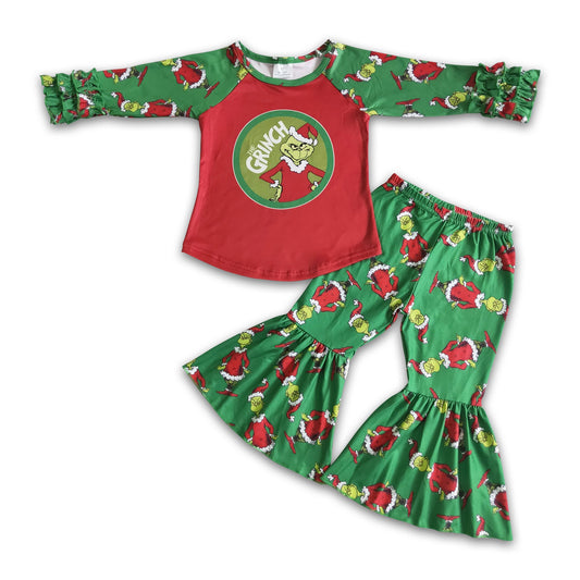 Cute green face print kids boutique Christmas outfits