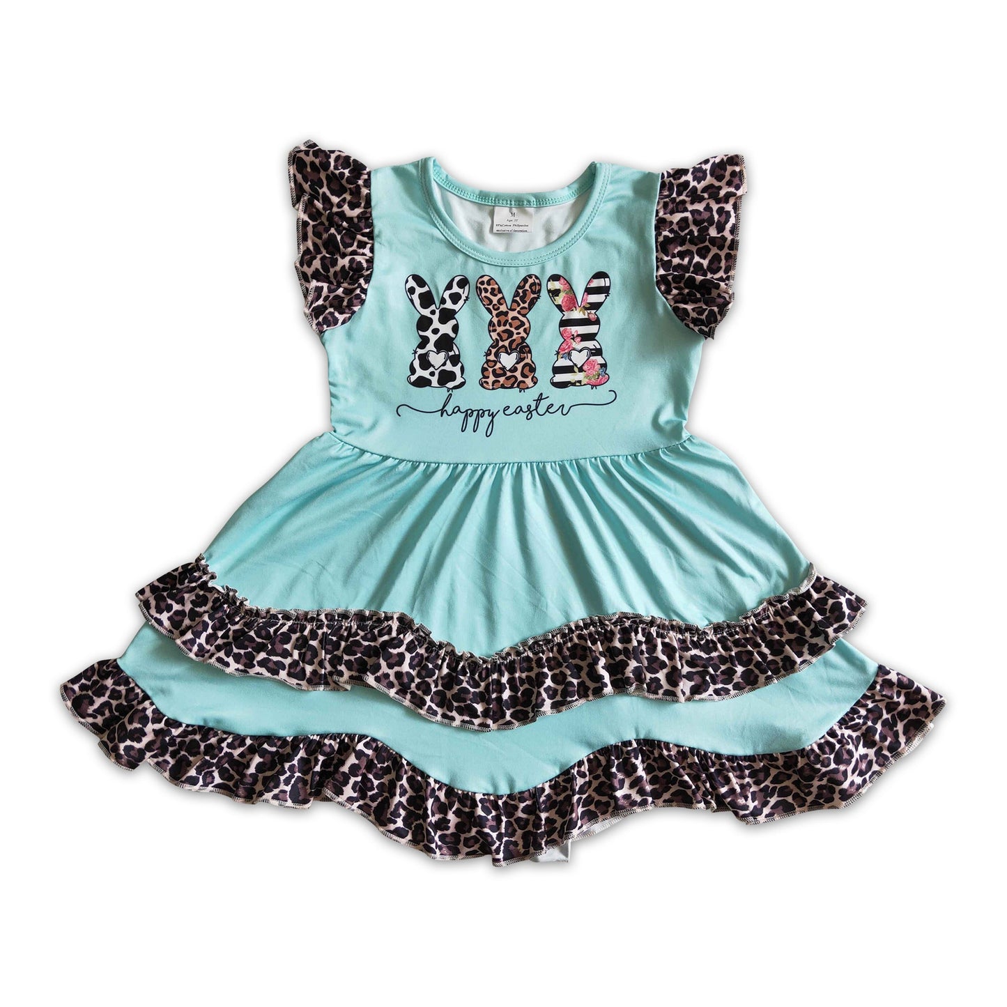 Three bunny print mint ruffle baby girls easter dresses