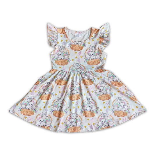 Basket bunny print flutter sleeve baby girls easter dresses