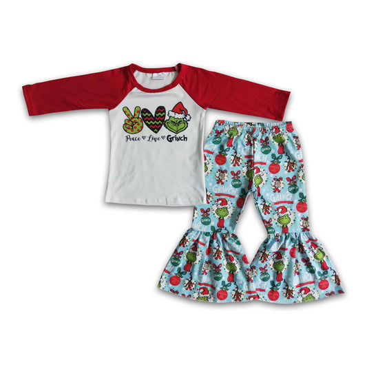 Peace love green face shirt bell bottom pants girls Christmas clothing