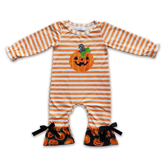 Pumpkin screen print orange stripe baby girls Halloween romper