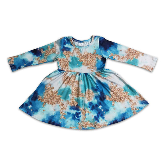 Long sleeve blue tie dye girls twirl dresses