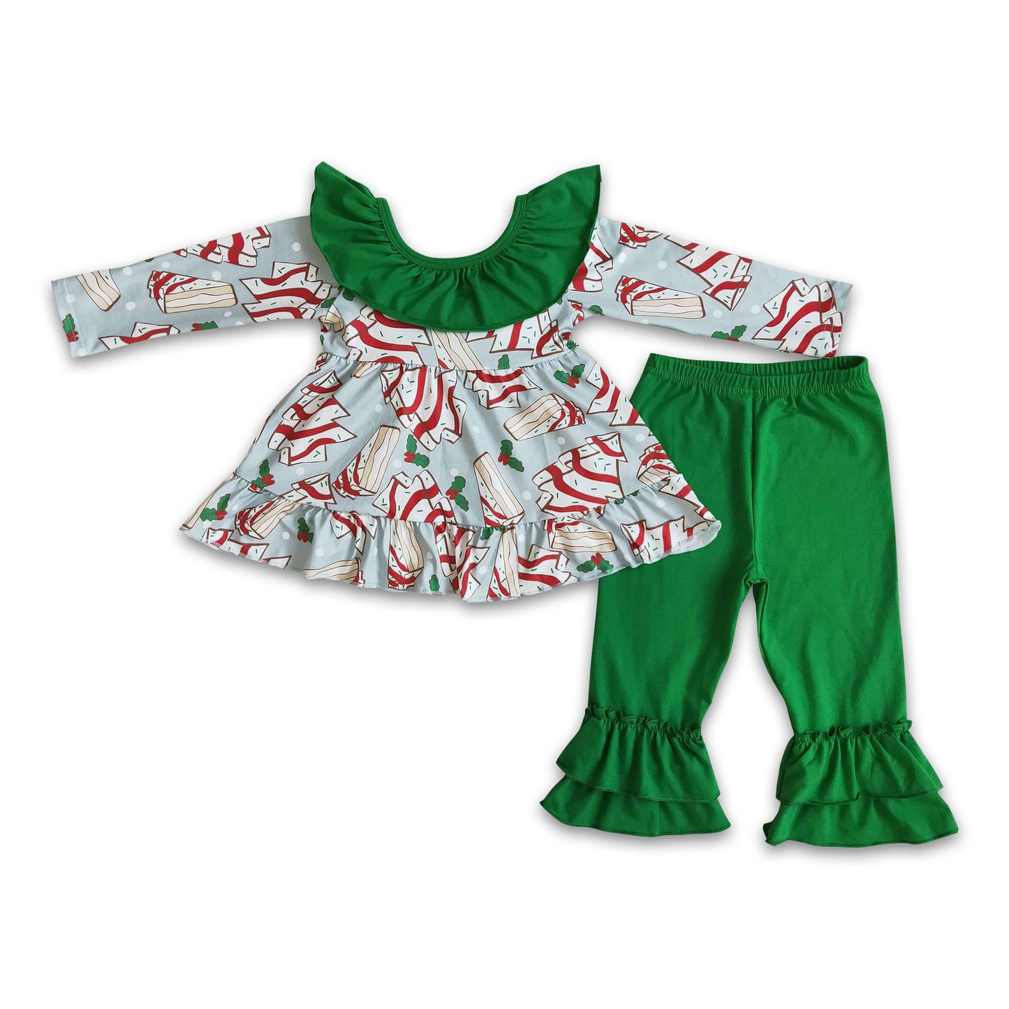 Christmas tree cakes backless tunic green pants girls boutique clothing set