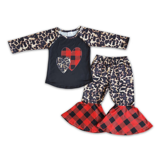 Heart print leopard sleeve bell bottom pants girls valentine's outfits